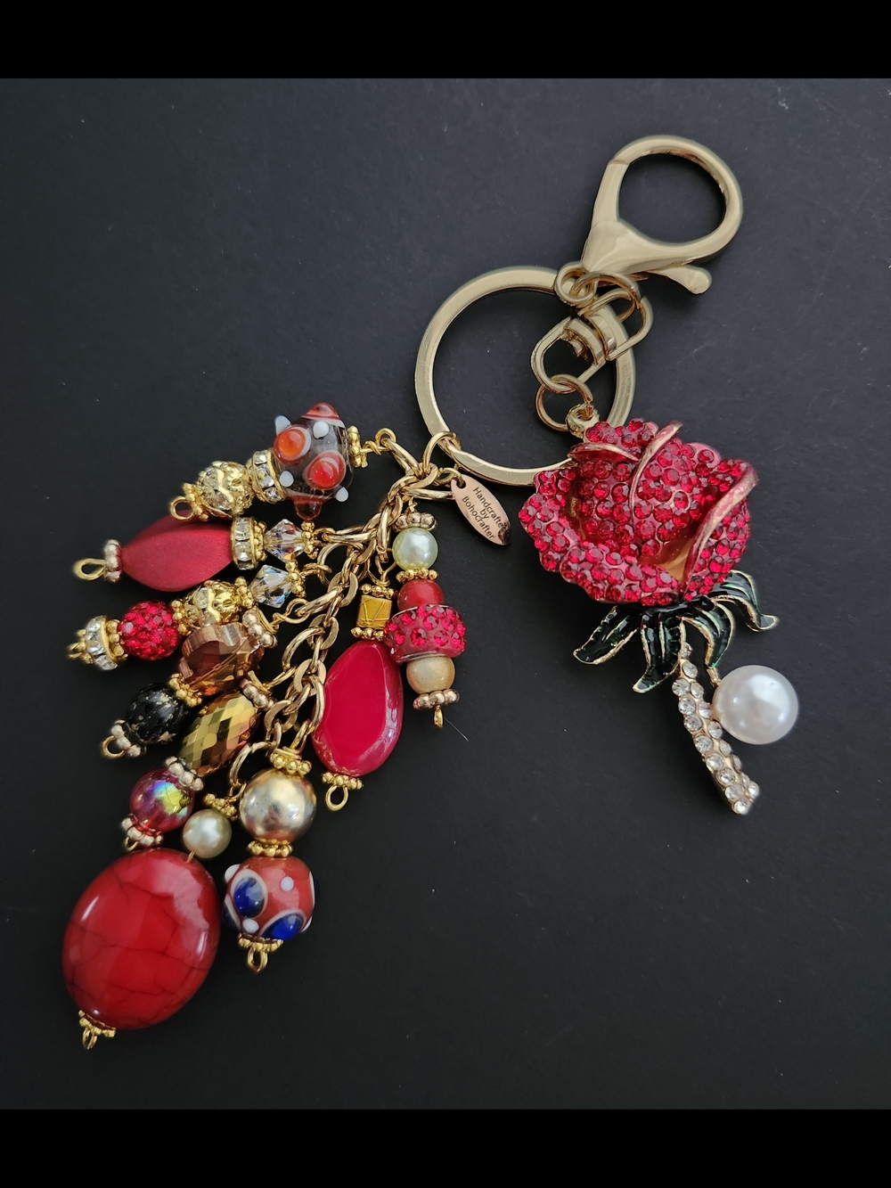 Rhinestone Rose Purse Charm or Accessory Howlite Handcrafted